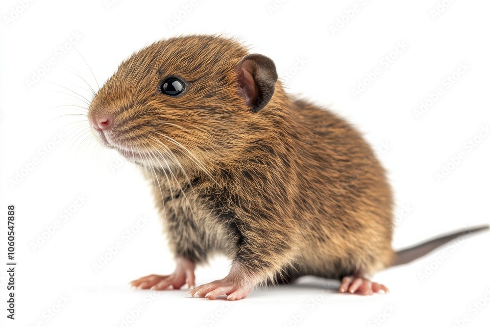 the beside view baby Mole rat standing, left side view, low angle, white copy space on right, Isolated on White Background the beside view baby Mole rat standing, left side view, low angle, white copy space on right, Isolated on White Background