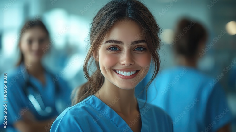 Fototapeta premium a smiling female medical staff in blue scrubs stands confidently flanked by two colleagues in a bright hospital setting showcasing teamwork and camaraderie with a focus on compassion and care