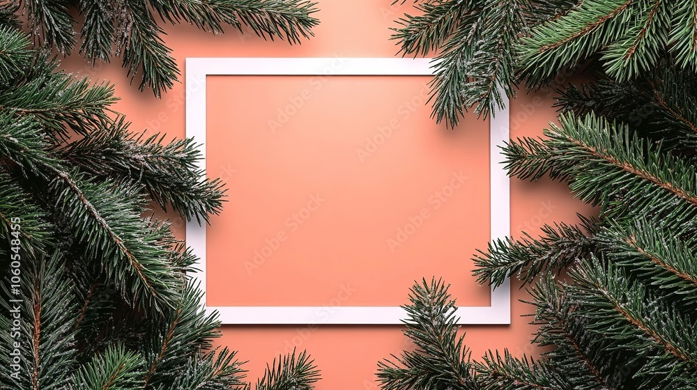 Pine branches frame empty peach background Pine branches frame empty peach background