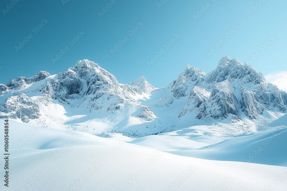 Obraz premium Snow-capped mountains rise majestically under a clear blue sky, creating a breathtaking winter landscape at midday