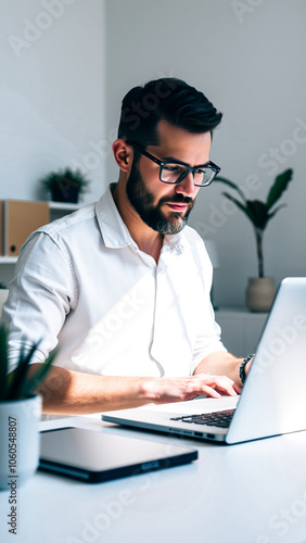 bearded man glasses concentrates on work at a laptop computer a minimalist office.