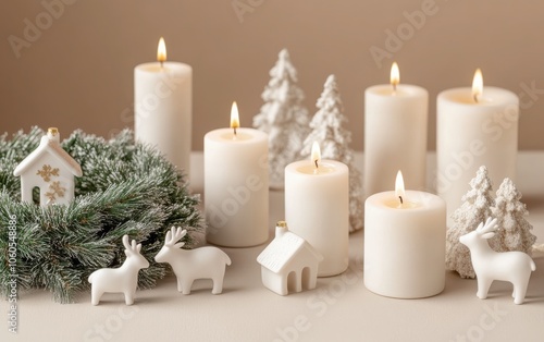 A beautifully arranged table featuring white candles surrounded by a festive Christmas wreath. 