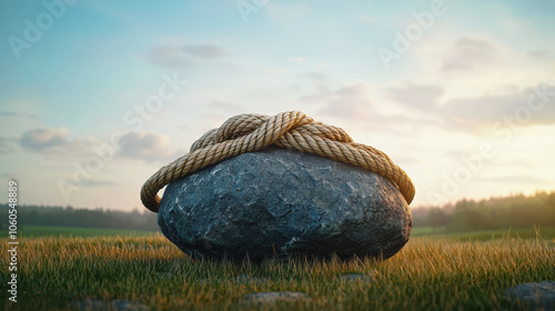 Rock with Rope in Serene Outdoor Landscape photo