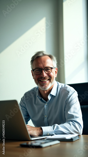 man a light blue shirt smiles while working on a laptop