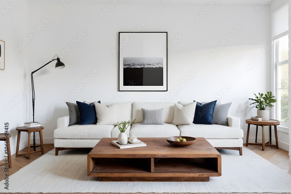 Minimal white living room with a sofa, wooden coffee table, and an art frame. Minimal white living room with a sofa, wooden coffee table, and an art frame.