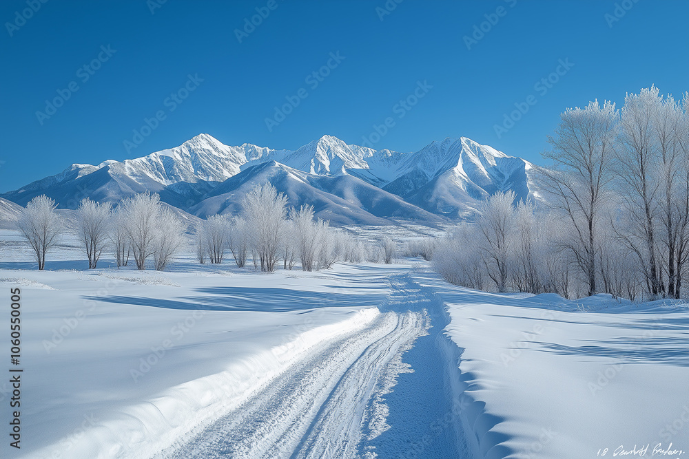 A winter wonderland with snow-covered mountains and a clear blue sky in a serene landscape A winter wonderland with snow-covered mountains and a clear blue sky in a serene landscape
