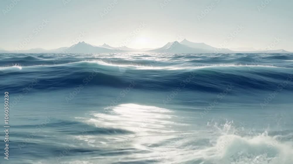 Calm ocean with soft waves under a cloudy sky, with a distant view of mountains on the horizon, giving a sense of vastness and peace. Calm ocean with soft waves under a cloudy sky, with a distant view of mountains on the horizon, giving a sense of vastness and peace.