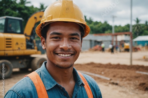 Close portrait of a smiling young Micronesian man construction worker looking at the camera, Micronesian outdoors construction site blurred background