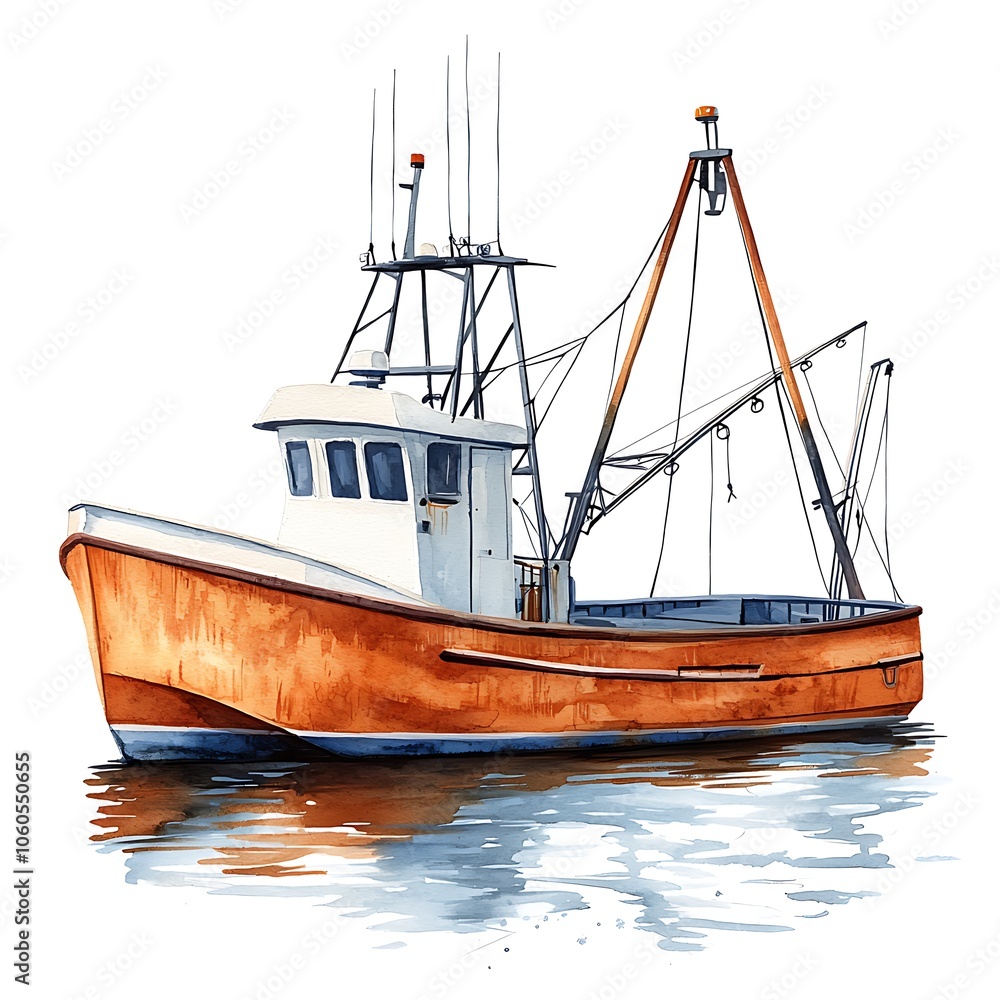 Obraz premium Watercolor Illustration of a Fishing Boat on the Water.
