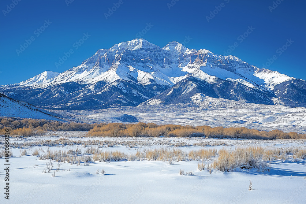 Snow-covered mountains basking in a clear blue sky on a bright winter day Snow-covered mountains basking in a clear blue sky on a bright winter day