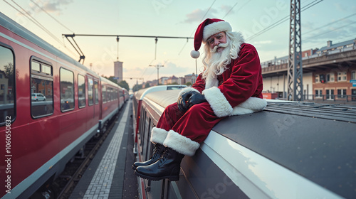 A man dressed as Santa Claus sitting on the side of a train