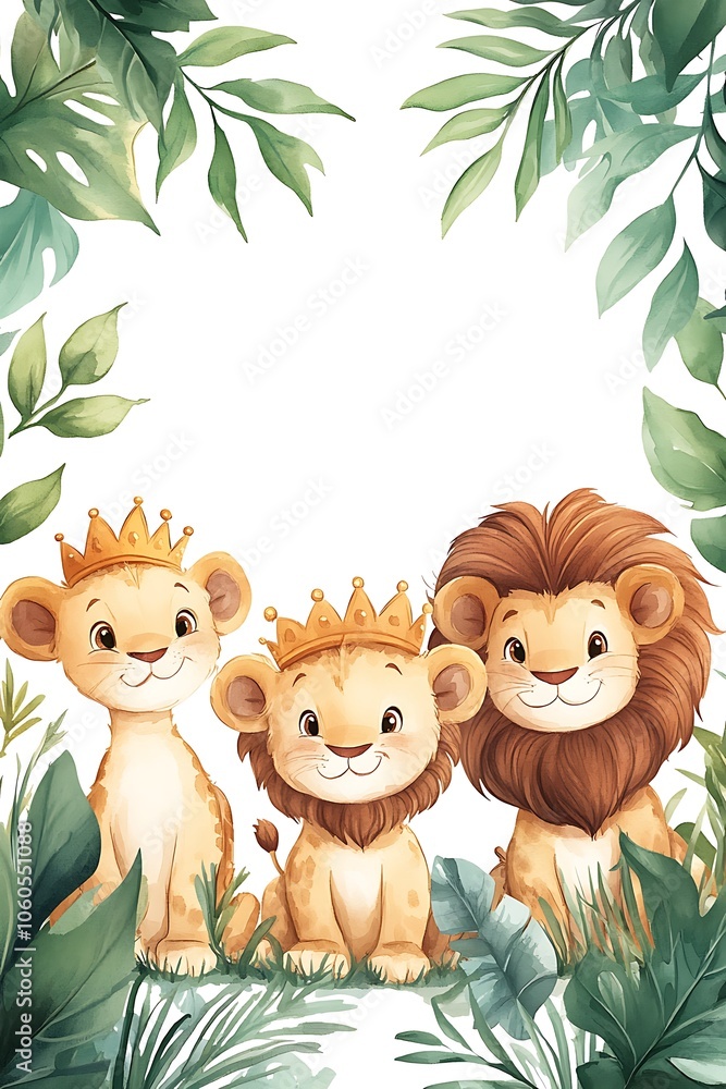 Obraz premium Adorable lion cub trio with crowns surrounded by lush greenery in a charming jungle scene ideal for kids' decor and illustrations