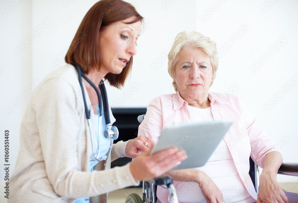 Wheelchair, medical and tablet with old woman and doctor for rehabilitation, consulting and results. Healthcare, retirement home and osteoporosis with senior person with a disability and insurance Wheelchair, medical and tablet with old woman and doctor for rehabilitation, consulting and results. Healthcare, retirement home and osteoporosis with senior person with a disability and insurance