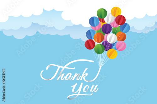 Thank You’ lettering floats among colorful paper balls like balloons on a light sky blue background