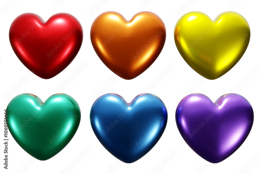 3D rendered illustrations of a set of colorful heart icons in red, orange, yellow, green, blue, and purple, with a shiny metallic finish, conveying variety and vitality. Expression of love and feeling 3D rendered illustrations of a set of colorful heart icons in red, orange, yellow, green, blue, and purple, with a shiny metallic finish, conveying variety and vitality. Expression of love and feeling