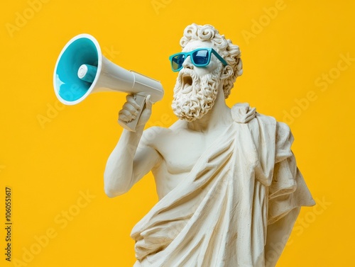 Greek statue with beard, shouting through a megaphone, wearing sunglasses
