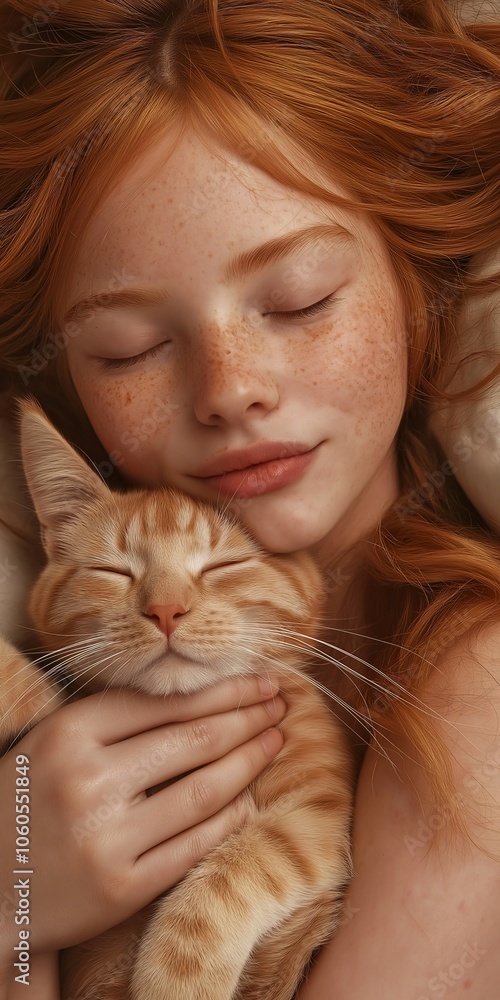 Girl with red hair peacefully cuddling a ginger cat in bed during cozy afternoon moments at home Girl with red hair peacefully cuddling a ginger cat in bed during cozy afternoon moments at home