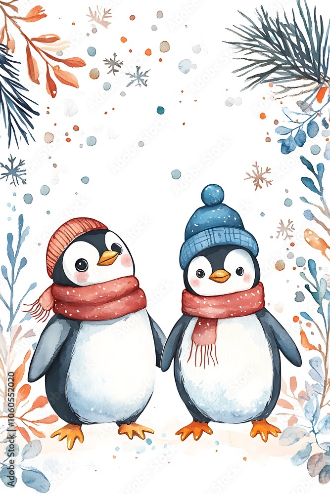 Fototapeta premium Adorable winter penguins embracing the joy of the season with cozy scarves and hats amidst a festive background of snowflakes and pine elements