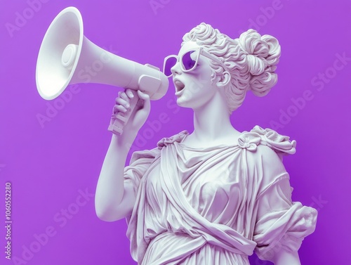 Greek ancient beauty woman statue, shouting through a megaphone, wearing sunglasses