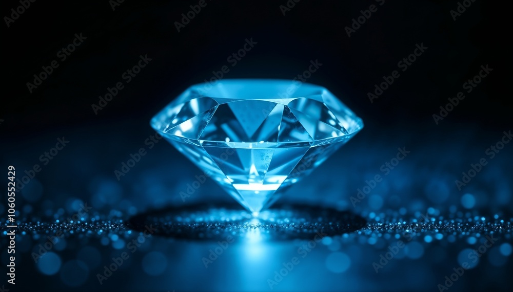 Close-up of a sparkling diamond reflecting blue light on a dark background with intricate details. Close-up of a sparkling diamond reflecting blue light on a dark background with intricate details.