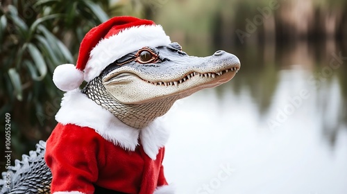 Get into the holiday spirit with this unique Christmas photo of an alligator dressed up as Santa Claus, adding a touch of whimsy and laughter to your festive designs. photo