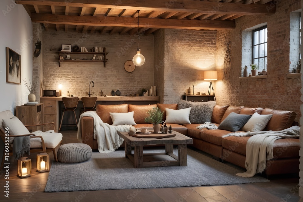 Warm and cozy loft living room with a sofa and rustic wooden furniture. Warm and cozy loft living room with a sofa and rustic wooden furniture.