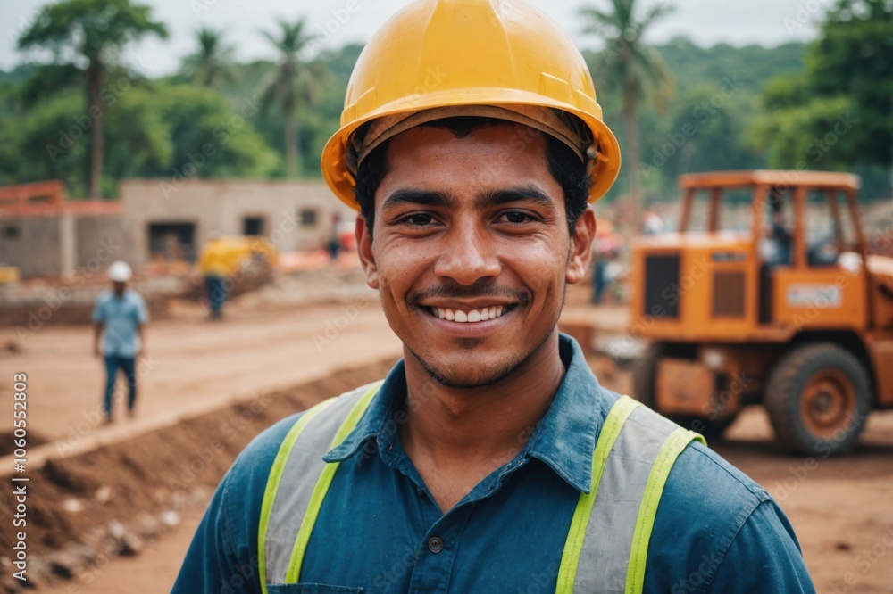 Close portrait of a smiling young Nicaraguan man construction worker looking at the camera, Nicaraguan outdoors construction site blurred background Close portrait of a smiling young Nicaraguan man construction worker looking at the camera, Nicaraguan outdoors construction site blurred background