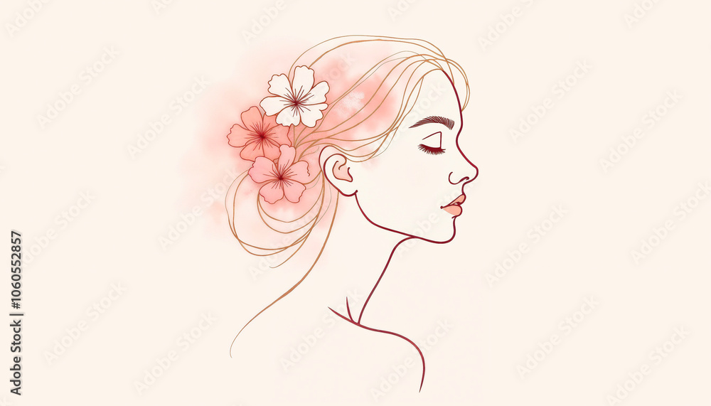 Minimalist Women's Day card with line art of woman’s profile and flowers Minimalist Women's Day card with line art of woman’s profile and flowers