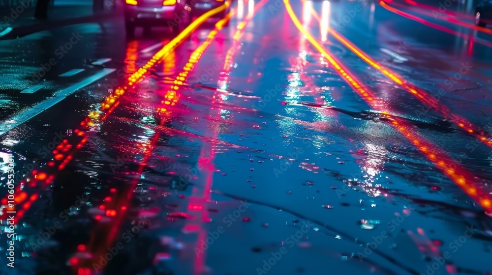 A splash of color amidst a sea of gray â car tail lights leaving watery streaks behind on a rainy urban road. A splash of color amidst a sea of gray â car tail lights leaving watery streaks behind on a rainy urban road.