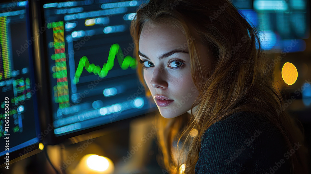 Woman reviewing financial charts on multiple monitors in dark office, focused expression, studio lighting enhances atmosphere of analysis and decision making Woman reviewing financial charts on multiple monitors in dark office, focused expression, studio lighting enhances atmosphere of analysis and decision making