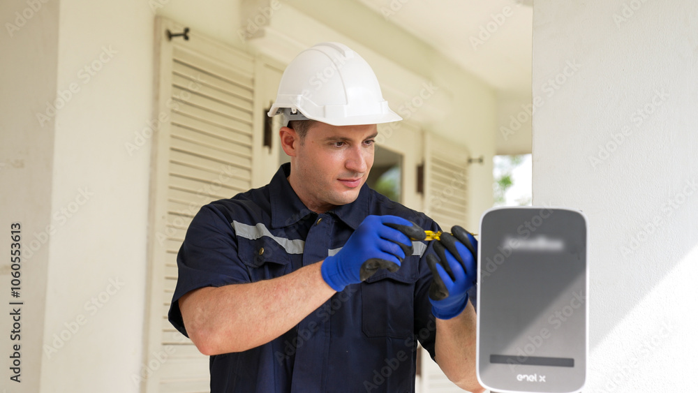 Qualified technician install home EV charging station, providing maintenance service for electric vehicle's battery charging platform at home. EV car technology for residential utilization. Synchronos Qualified technician install home EV charging station, providing maintenance service for electric vehicle's battery charging platform at home. EV car technology for residential utilization. Synchronos
