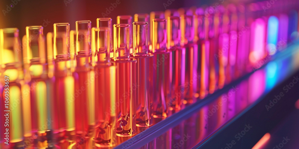 Lab Experiment with Multiple Test Tubes in a Row on a White Surface.
Lab Experiment with Multiple Test Tubes in a Row on a White Surface.
