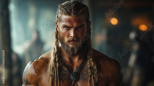 a striking viking warrior stands proudly showcasing his muscular physique long braided blond hair and fierce expression embodying the spirit of scandinavian barbarism photo