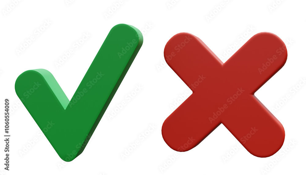 3D rendering of the Check Check symbol icon and cross in green and red. It conveys the concept of acceptance and rejection. Acceptance or rejection Positive and negative decisions 3D rendering of the Check Check symbol icon and cross in green and red. It conveys the concept of acceptance and rejection. Acceptance or rejection Positive and negative decisions