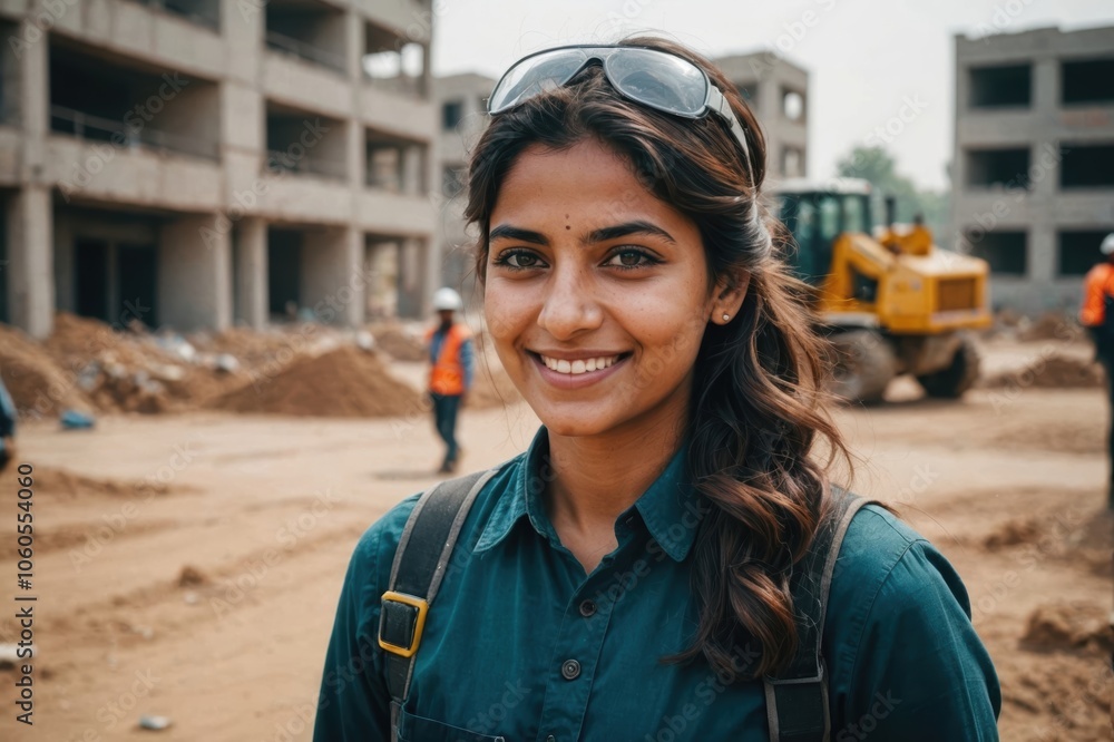 Close portrait of a smiling young Pakistani woman construction worker looking at the camera, Pakistani outdoors construction site blurred background Close portrait of a smiling young Pakistani woman construction worker looking at the camera, Pakistani outdoors construction site blurred background