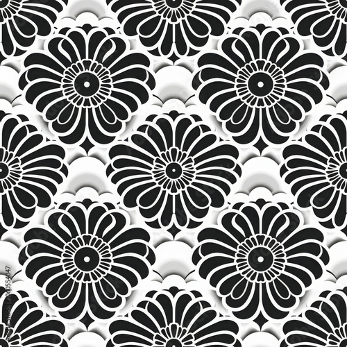 Elegant black and white floral pattern featuring intricate line designs, creating striking visual effect. This stylish motif is perfect for various design applications