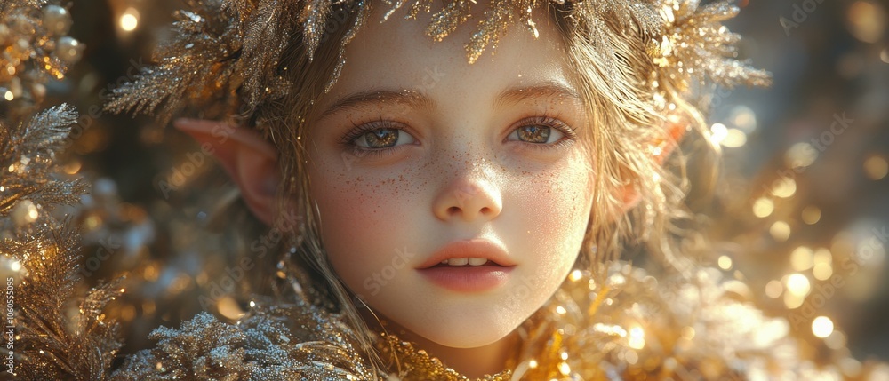 Mythical Elven Fairy with Golden Leaves and Flowers