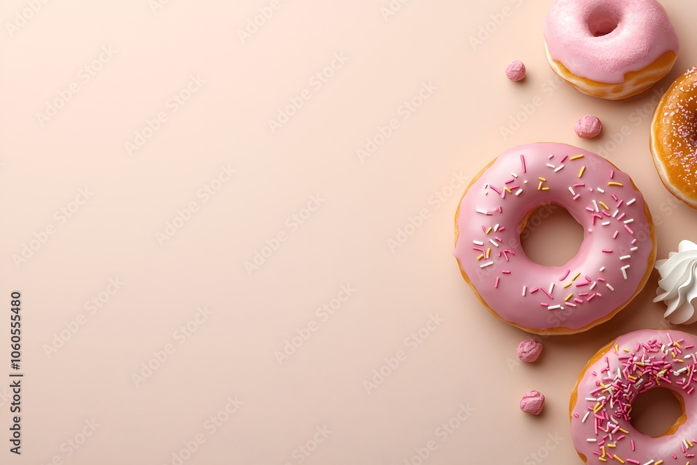 Single Pastel Donut on Creamy Beige Background Single Pastel Donut on Creamy Beige Background