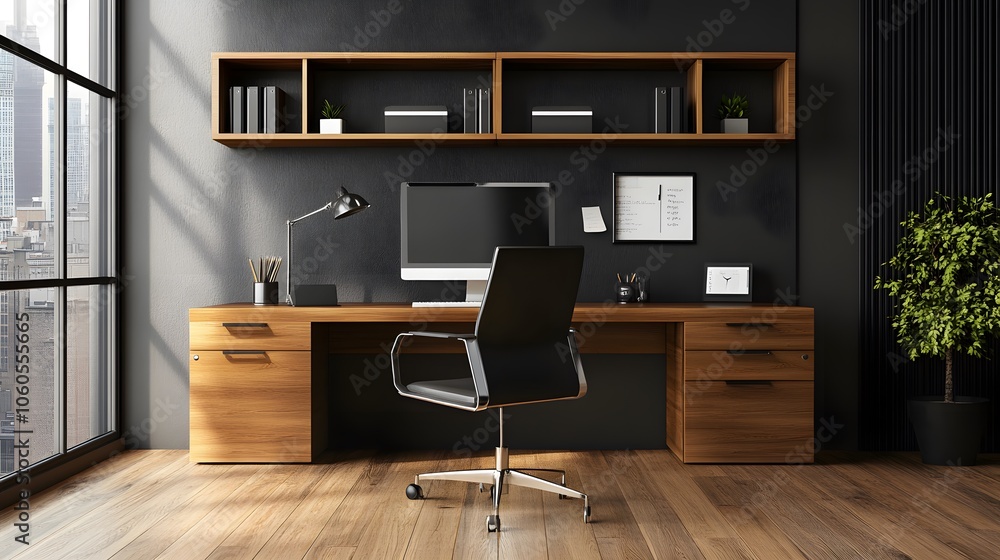 Fototapeta premium 99. Organized office desk with minimal decor and a sleek black chair
