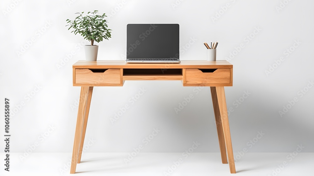 101. Minimalist wooden desk setup with a small plant and laptop 101. Minimalist wooden desk setup with a small plant and laptop