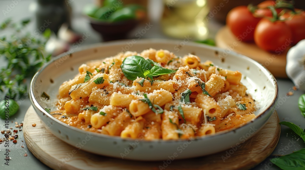 Penne pasta is served in a bowl, garnished with fresh herbs and cheese, surrounded by ripe tomatoes and spices, capturing an inviting Italian culinary atmosphere Penne pasta is served in a bowl, garnished with fresh herbs and cheese, surrounded by ripe tomatoes and spices, capturing an inviting Italian culinary atmosphere