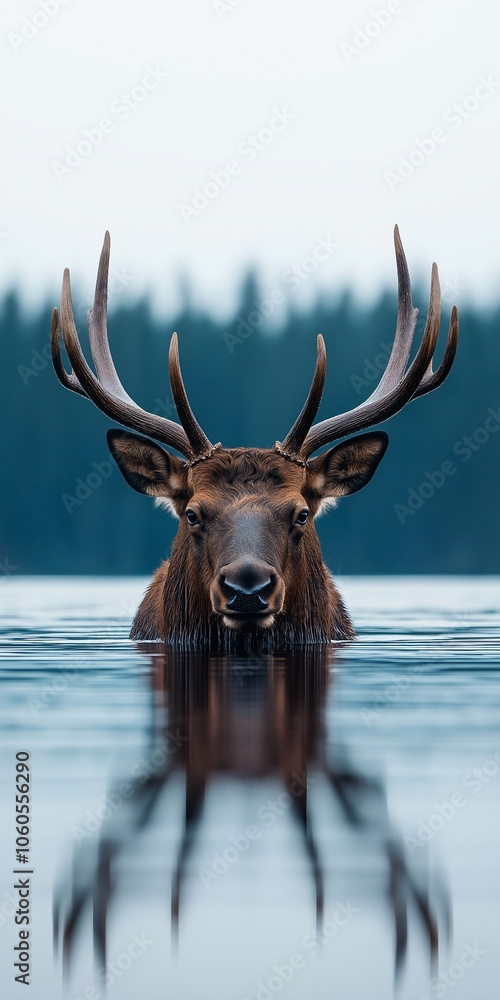 Naklejka premium Majestic elk emerges from calm waters amidst a serene forest backdrop during a tranquil early morning
