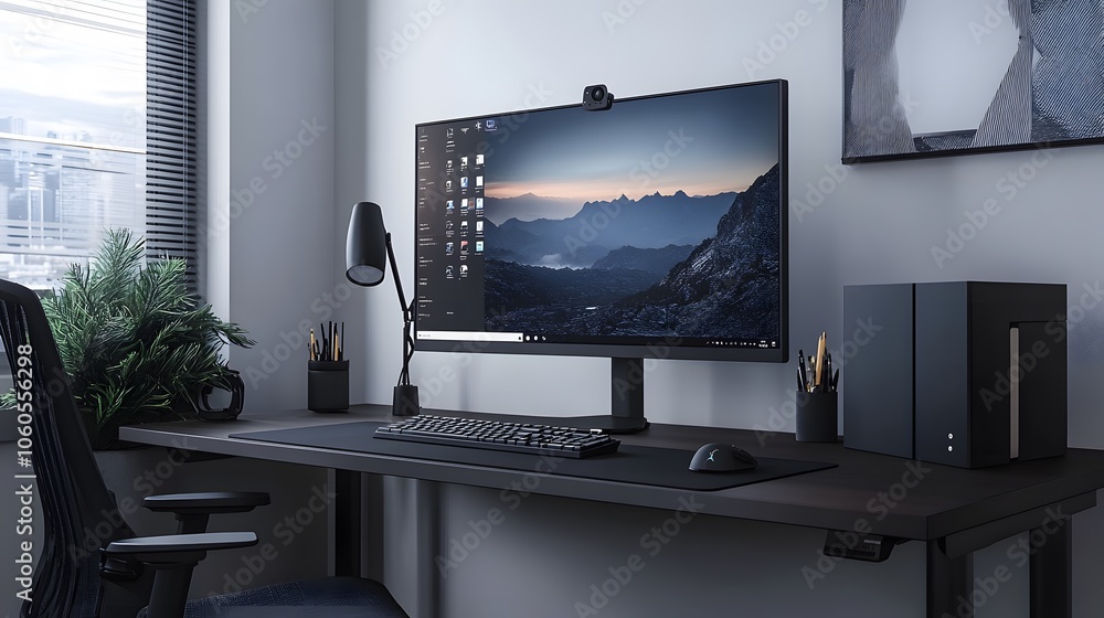 113. Minimalist desk setup featuring a sleek computer and few accessories 113. Minimalist desk setup featuring a sleek computer and few accessories