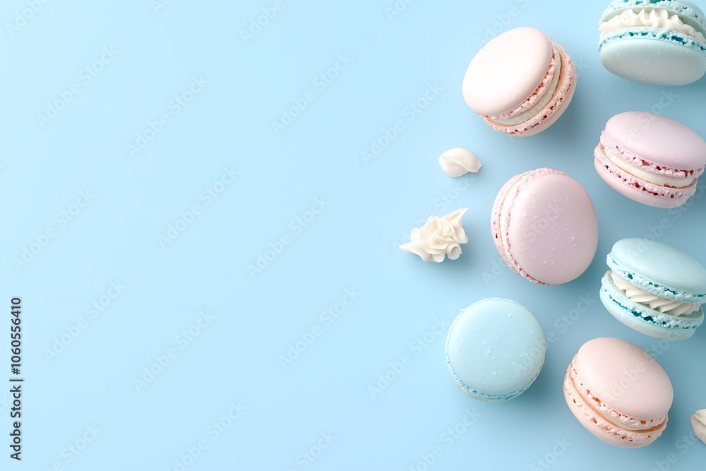 Pastel Macarons on Light Blue Background Pastel Macarons on Light Blue Background