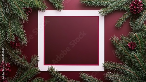 Holiday frame with pine branches and cones on red photo