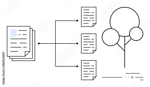 Documents branching out into organized sections from main stack to a tree diagram. Ideal for file management, data organization, work process optimization, knowledge distribution, digital storage