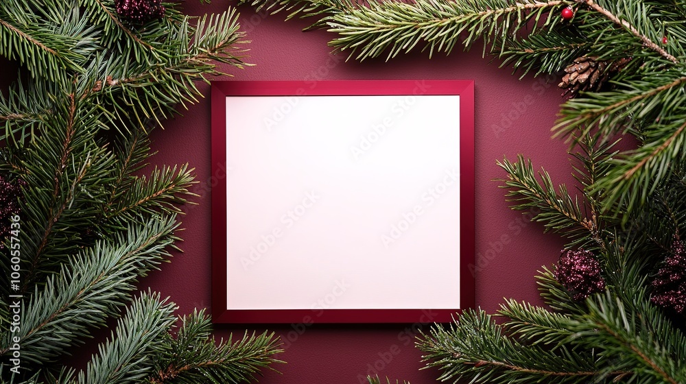 Holiday frame surrounded by festive pine branches Holiday frame surrounded by festive pine branches