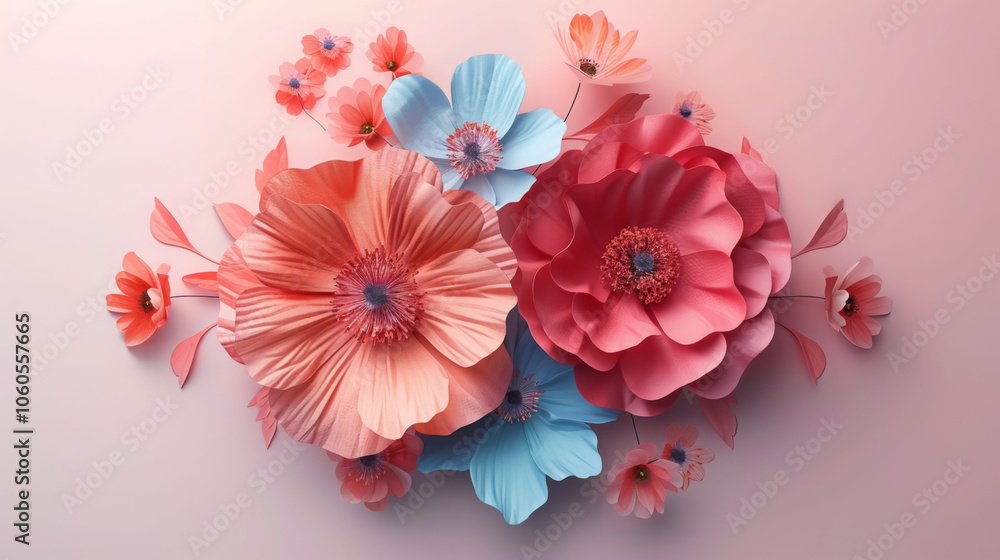 Stunning floral arrangement featuring large pink and blue paper flowers, creating vibrant and artistic display. This design evokes sense of beauty and creativity Stunning floral arrangement featuring large pink and blue paper flowers, creating vibrant and artistic display. This design evokes sense of beauty and creativity