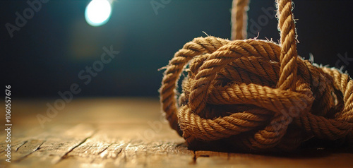 Close-Up of Twisted Natural Jute Rope on Wooden Surface