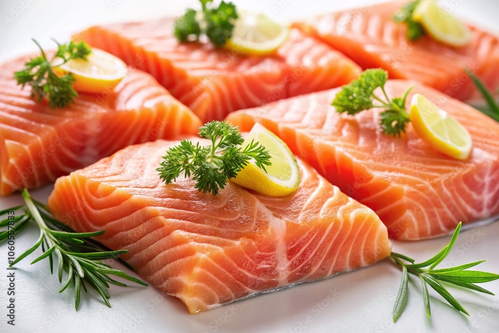 Fresh Salmon Slices Isolated on White Background for Culinary and Food Photography, Perfect for Recipes, Menus, and Healthy Eating Concepts Fresh Salmon Slices Isolated on White Background for Culinary and Food Photography, Perfect for Recipes, Menus, and Healthy Eating Concepts